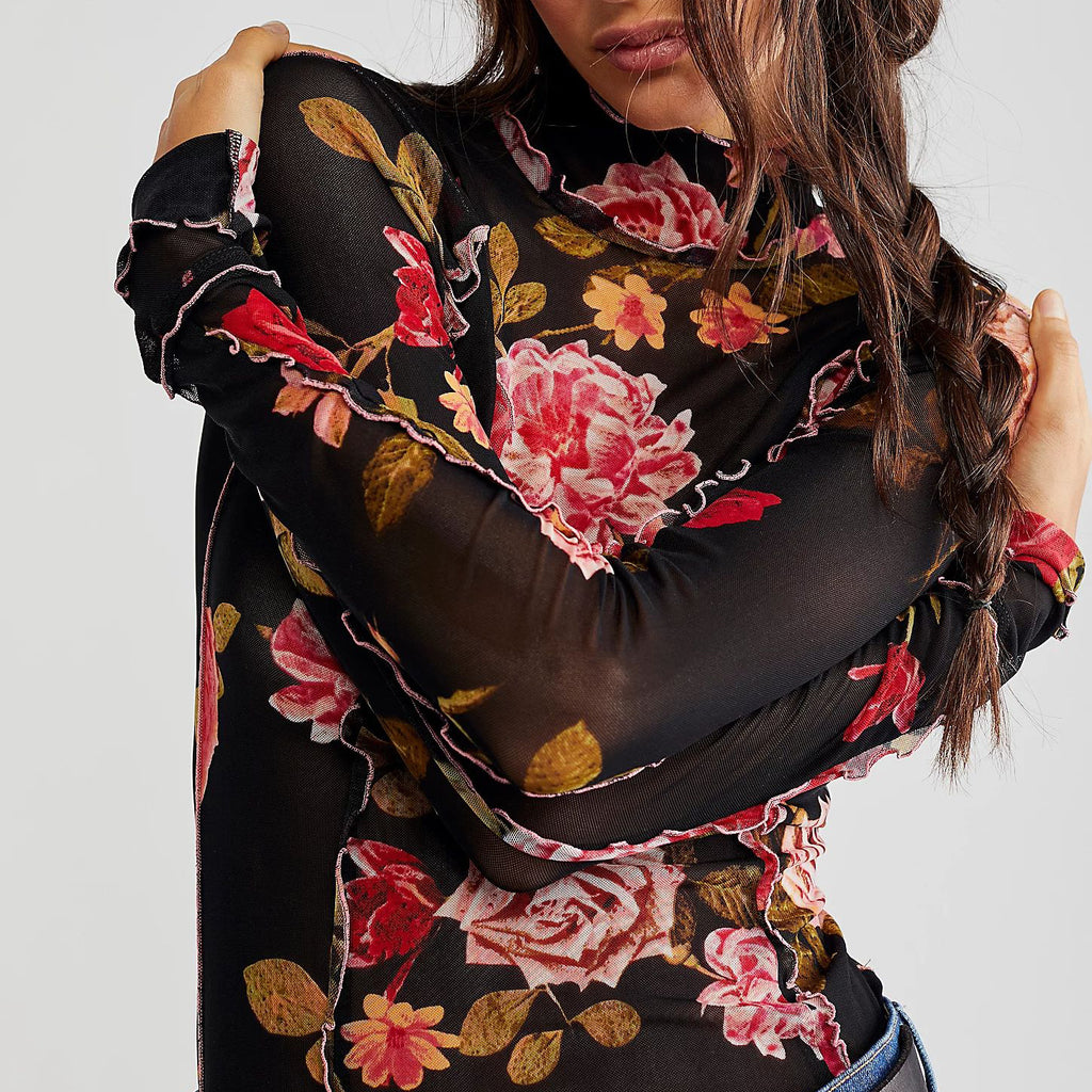 Sheer Mesh Rose Print Turtleneck Top - Black - 1
