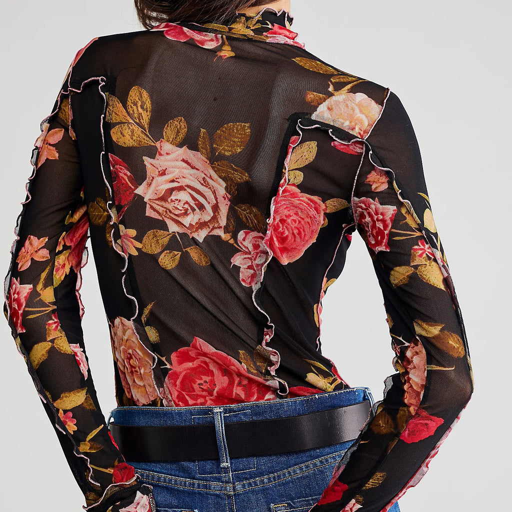 Sheer Mesh Rose Print Turtleneck Top - Black - 2