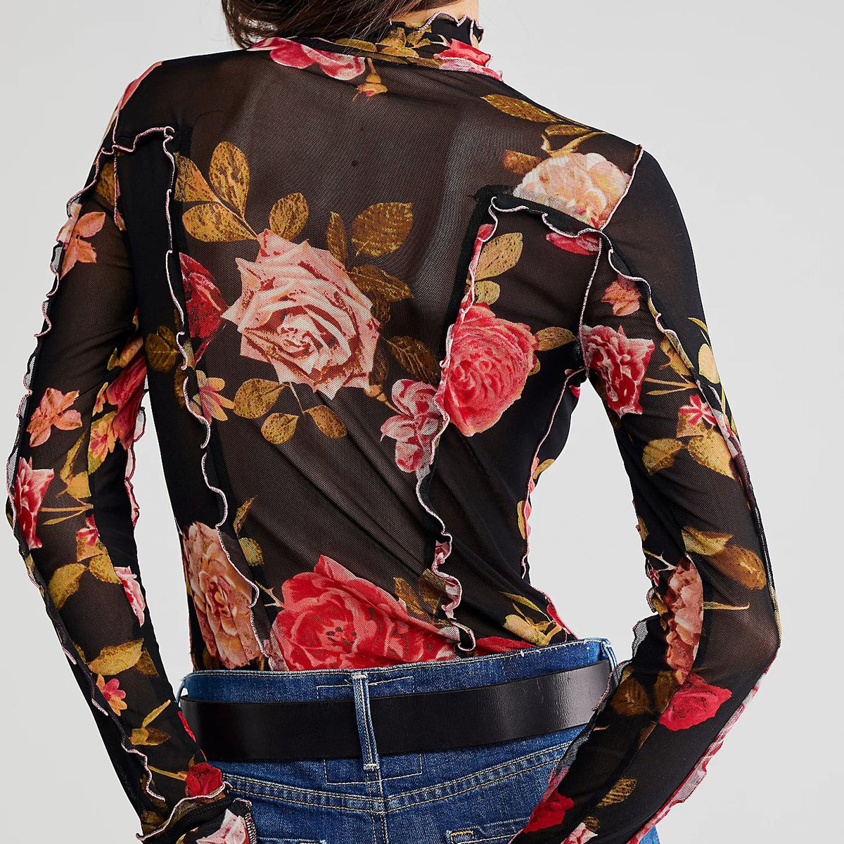 Sheer Mesh Rose Print Turtleneck Top - Black - 2