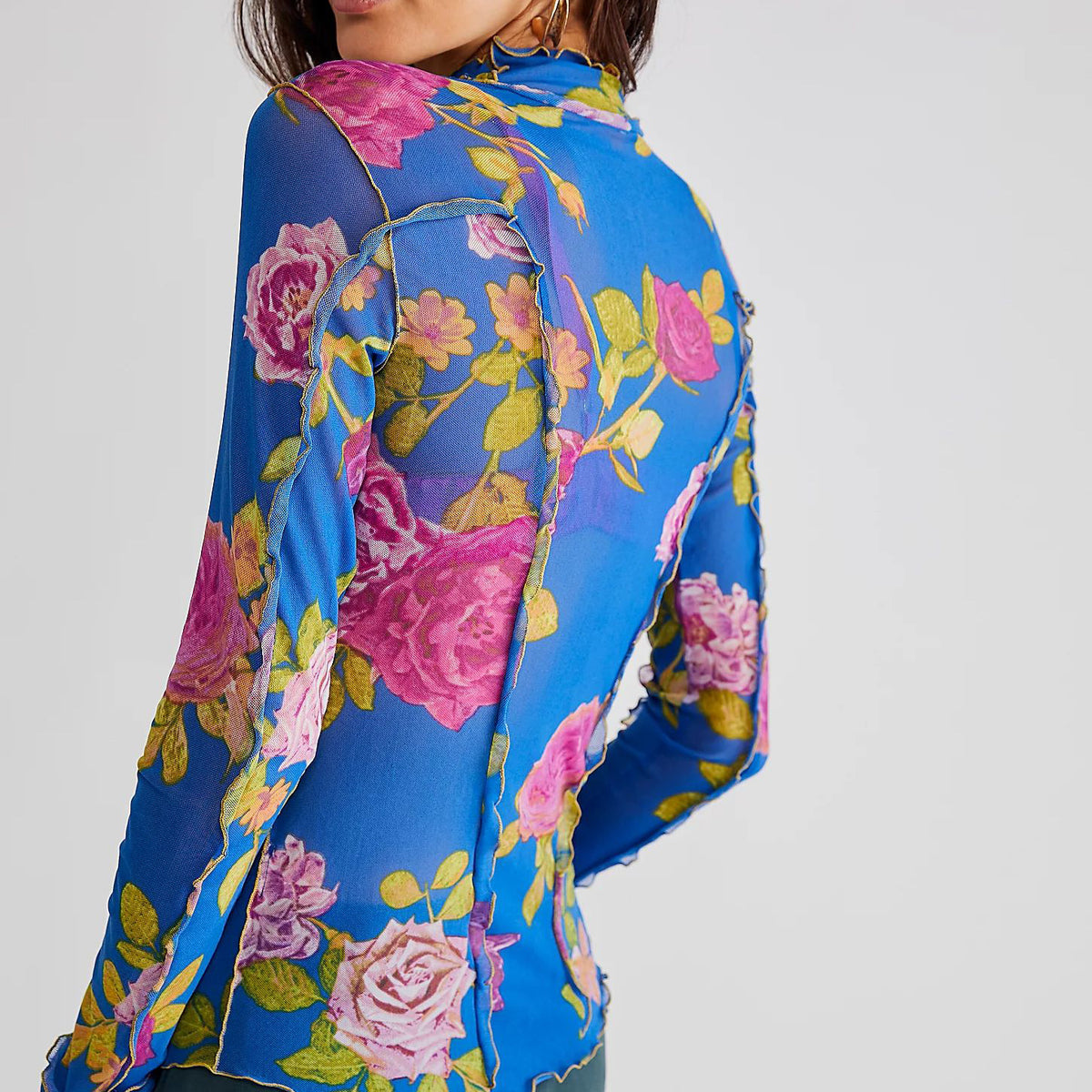 Sheer Mesh Rose Print Turtleneck Top - Blue