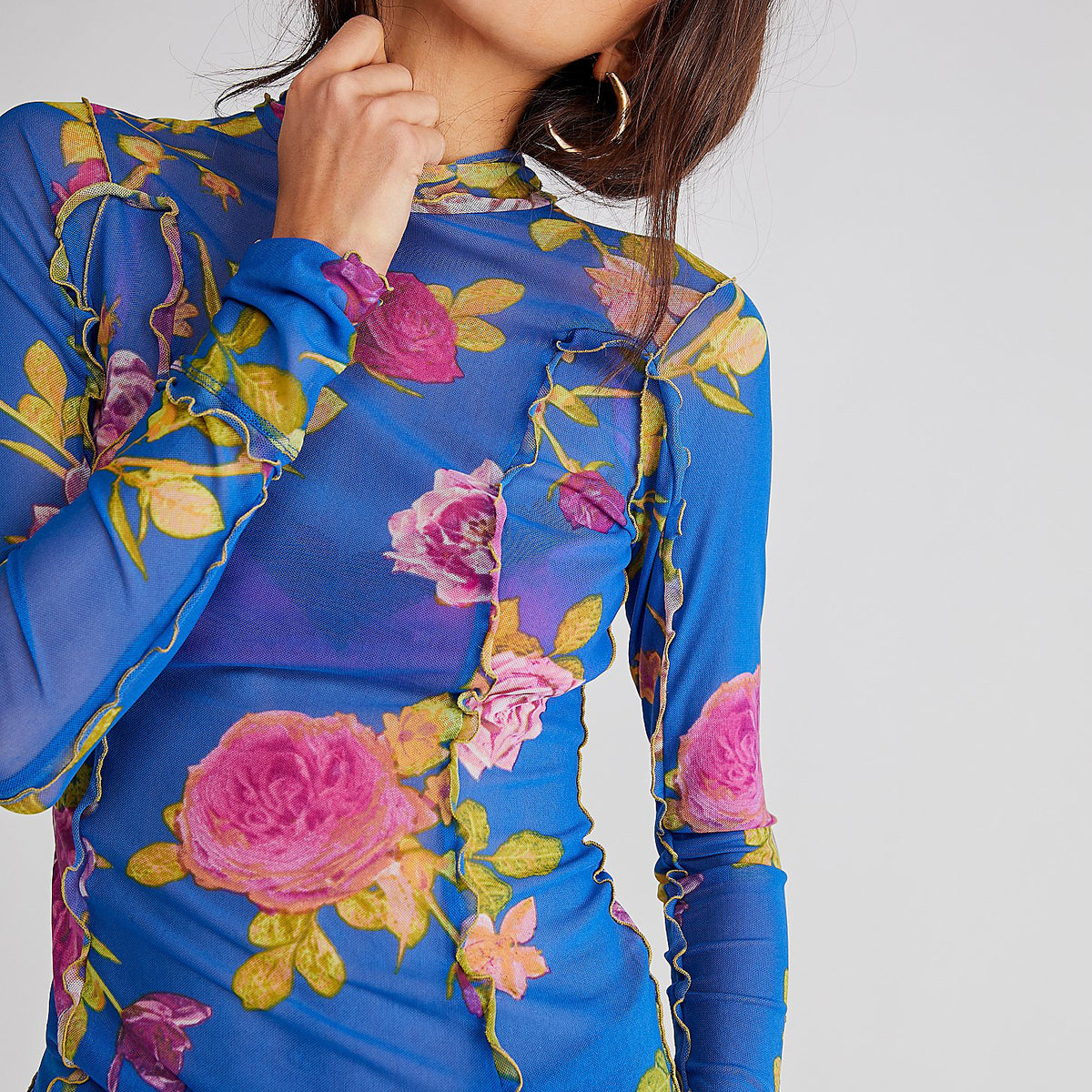 Sheer Mesh Rose Print Turtleneck Top - Blue - 1