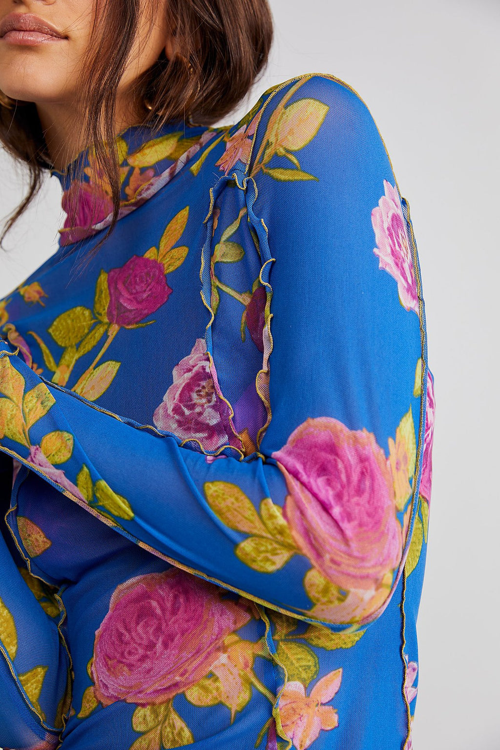 Sheer Mesh Rose Print Turtleneck Top - Blue - 2