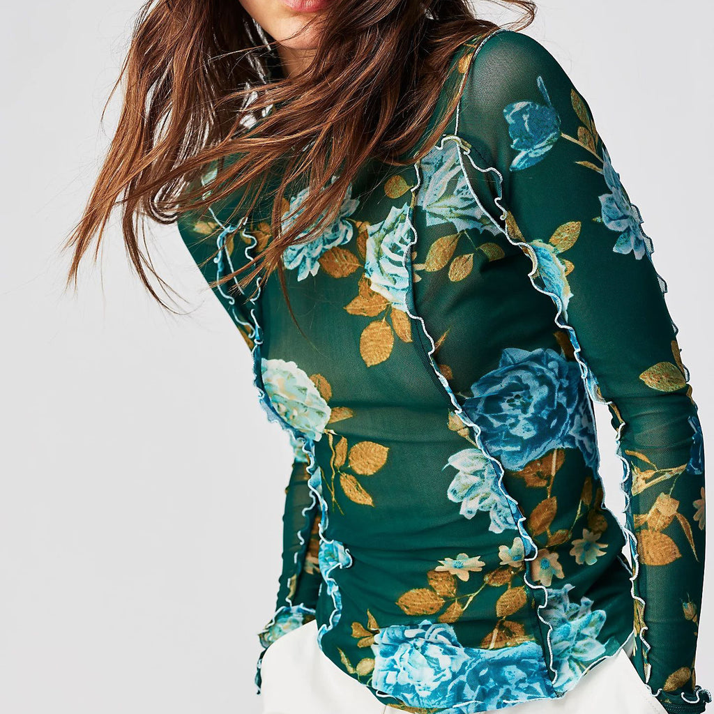 Sheer Mesh Rose Print Turtleneck Top - Green