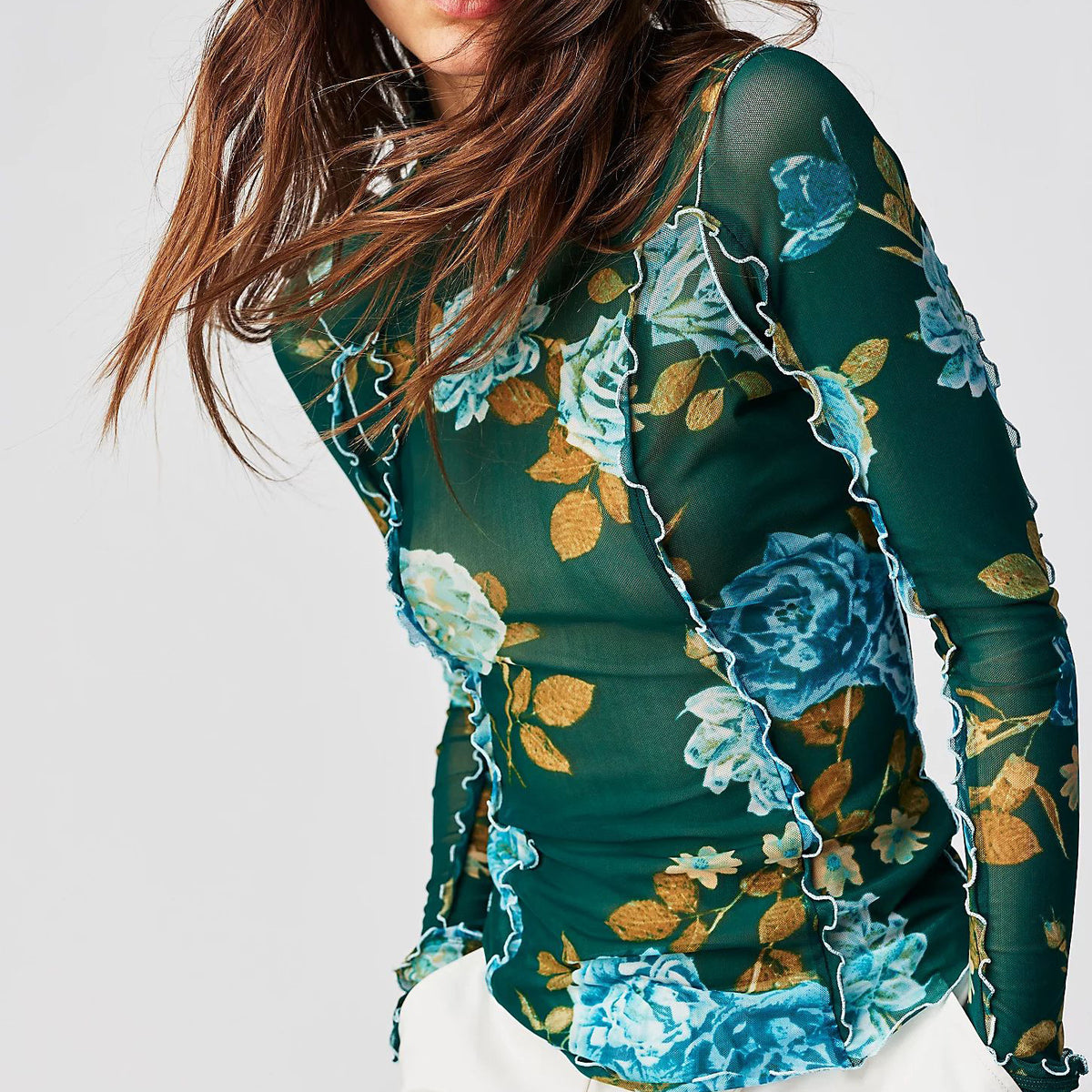 Sheer Mesh Rose Print Turtleneck Top - Green