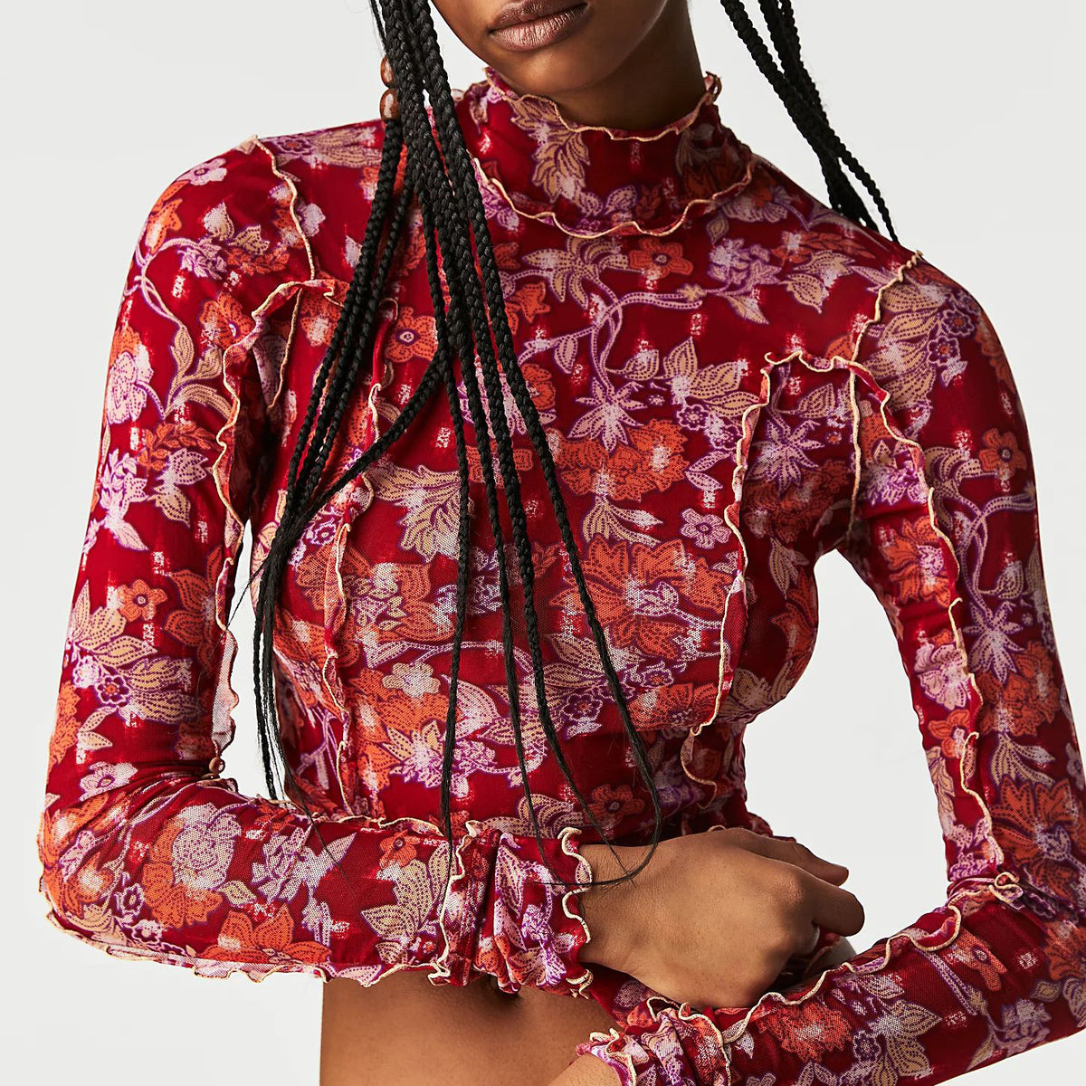 Sheer Mesh Rose Print Turtleneck Top - Red