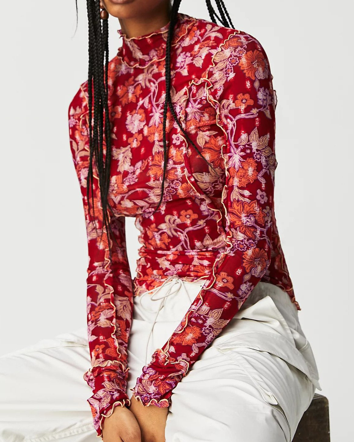 Sheer Mesh Rose Print Turtleneck Top - Red - 1