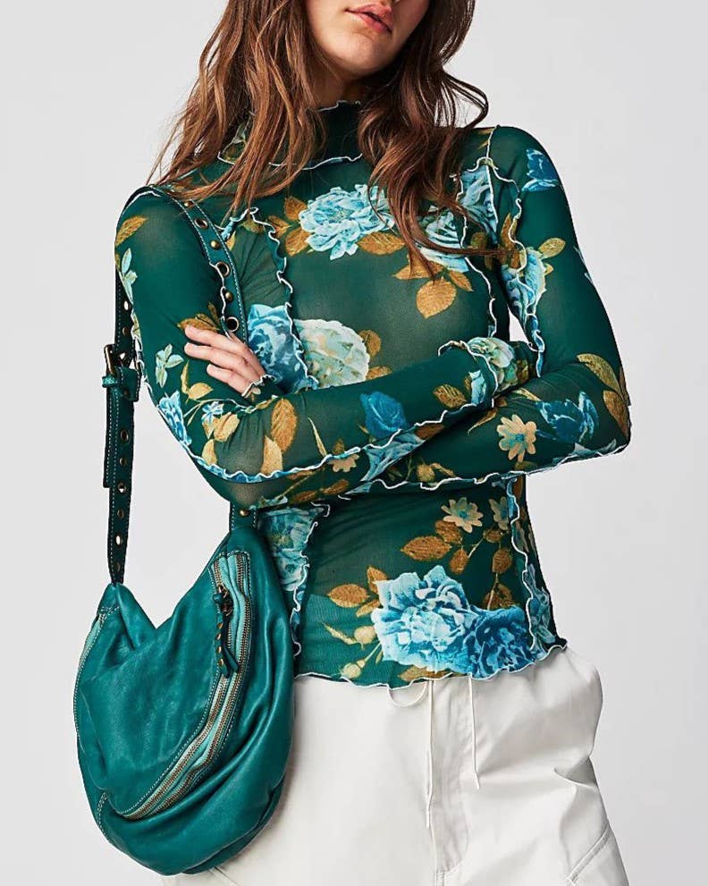 Sheer Mesh Rose Print Turtleneck Top