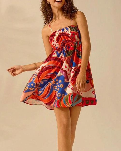Abstract Print Strappy Babydoll Mini Dress - Red