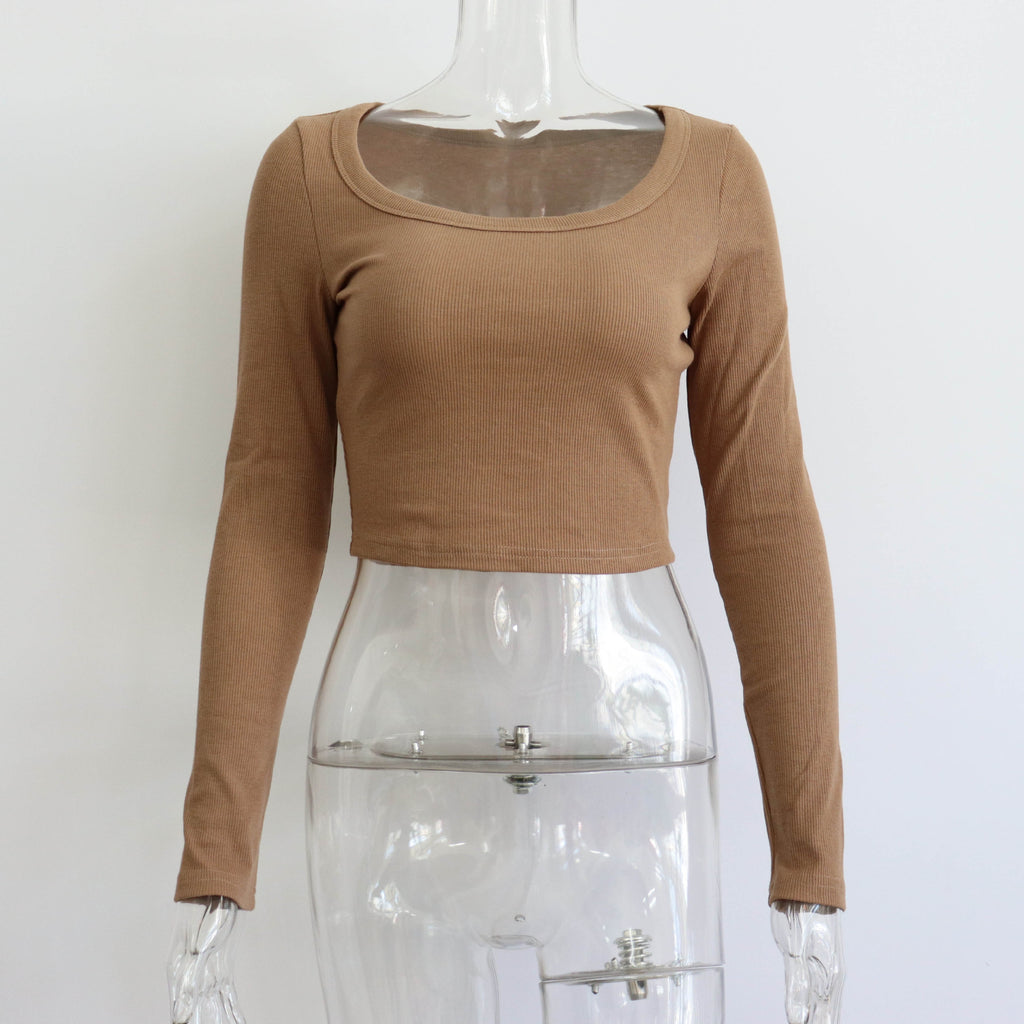 Long Sleeve Rib Knit Second Skin Top - Brown