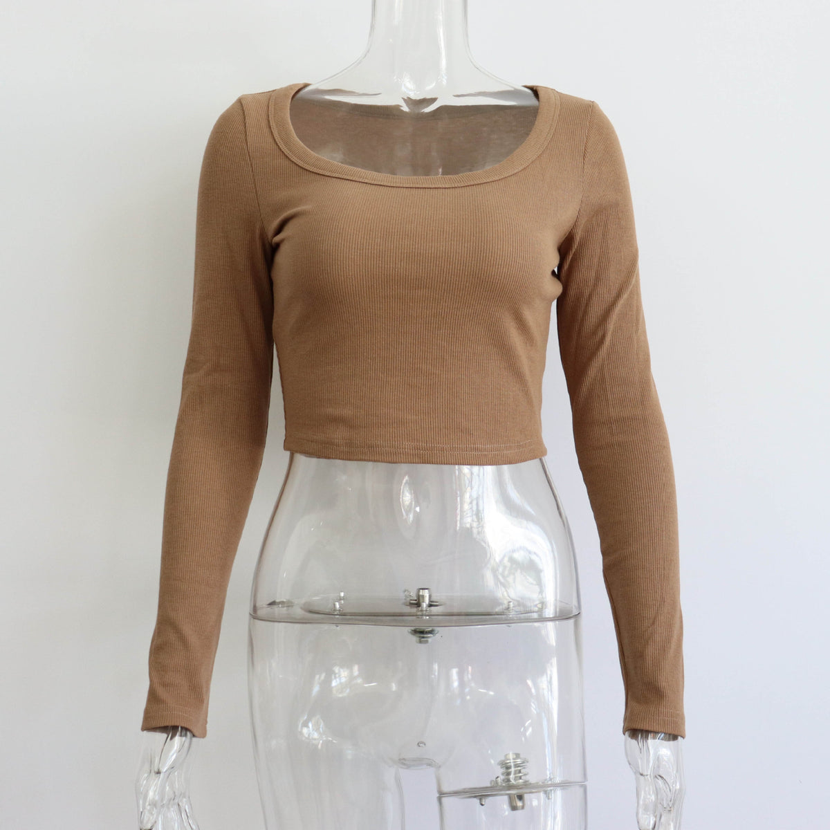 Long Sleeve Rib Knit Second Skin Top - Brown