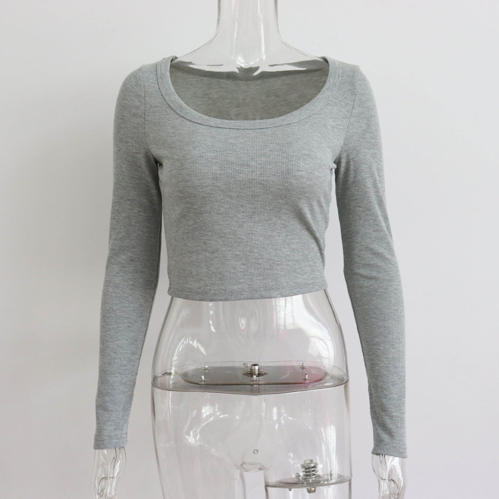 Long Sleeve Rib Knit Second Skin Top - Grey - 1