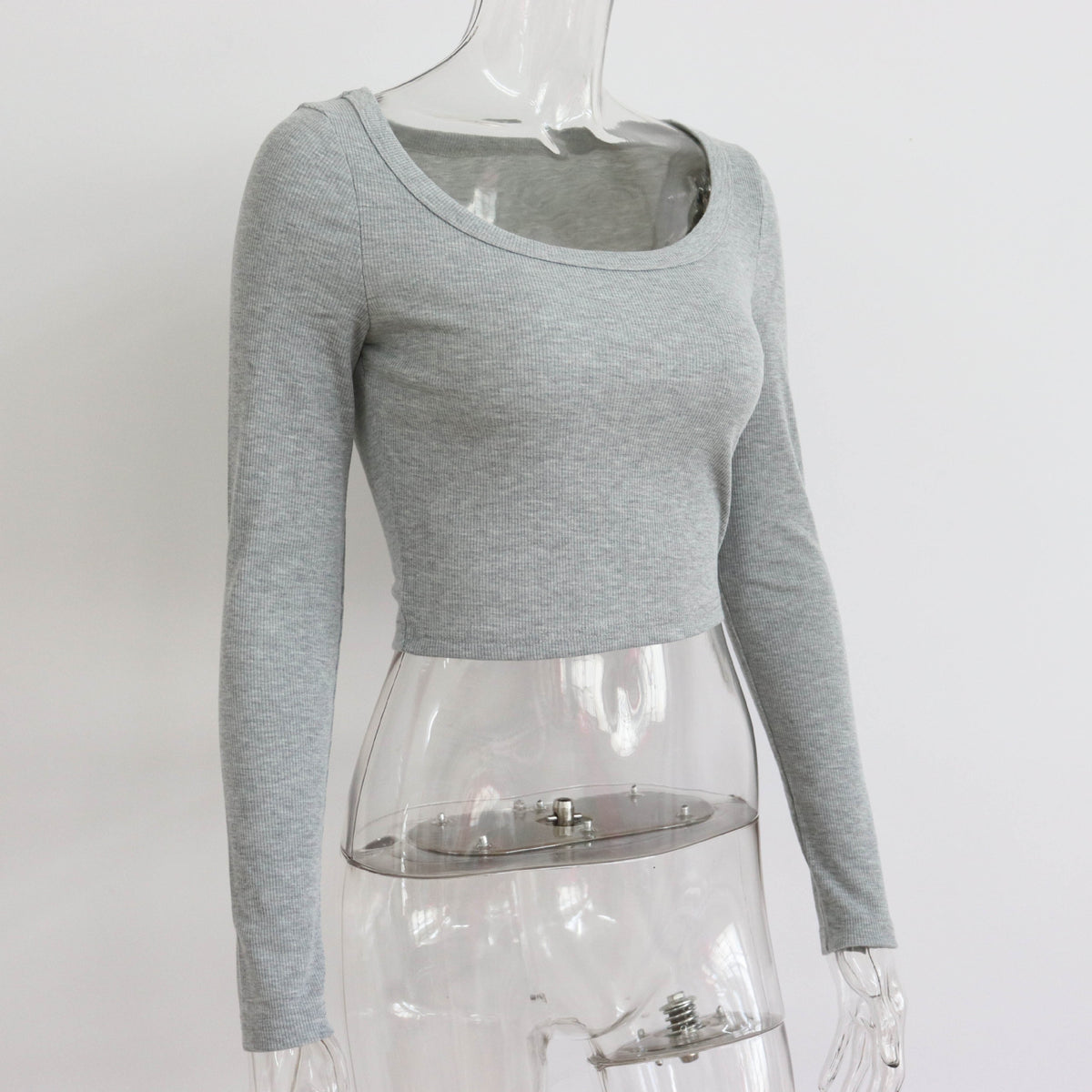 Long Sleeve Rib Knit Second Skin Top - Grey - 2