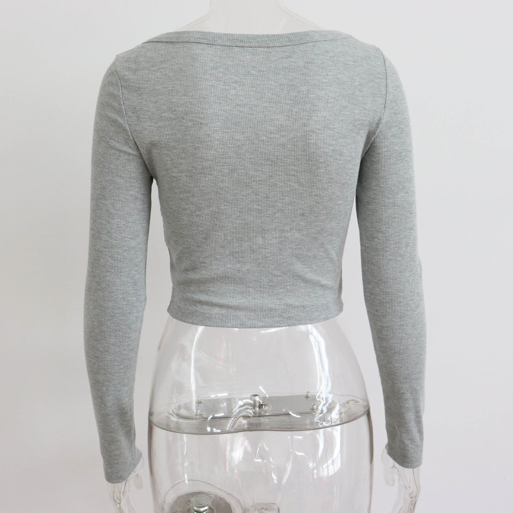 Long Sleeve Rib Knit Second Skin Top - Grey - 3