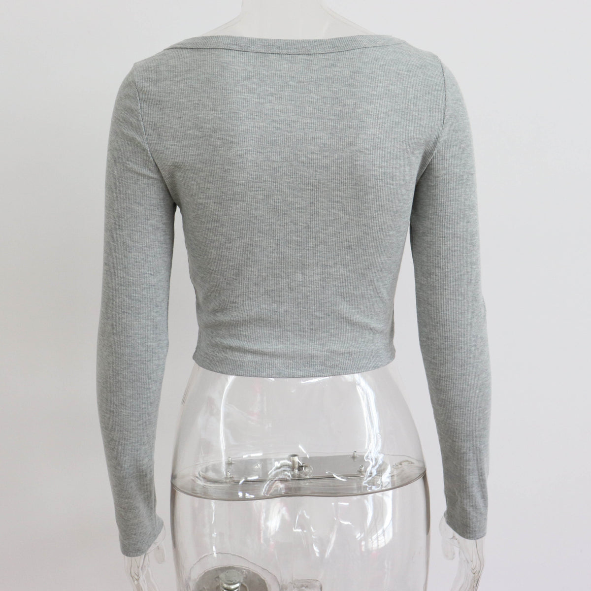 Long Sleeve Rib Knit Second Skin Top - Grey - 3