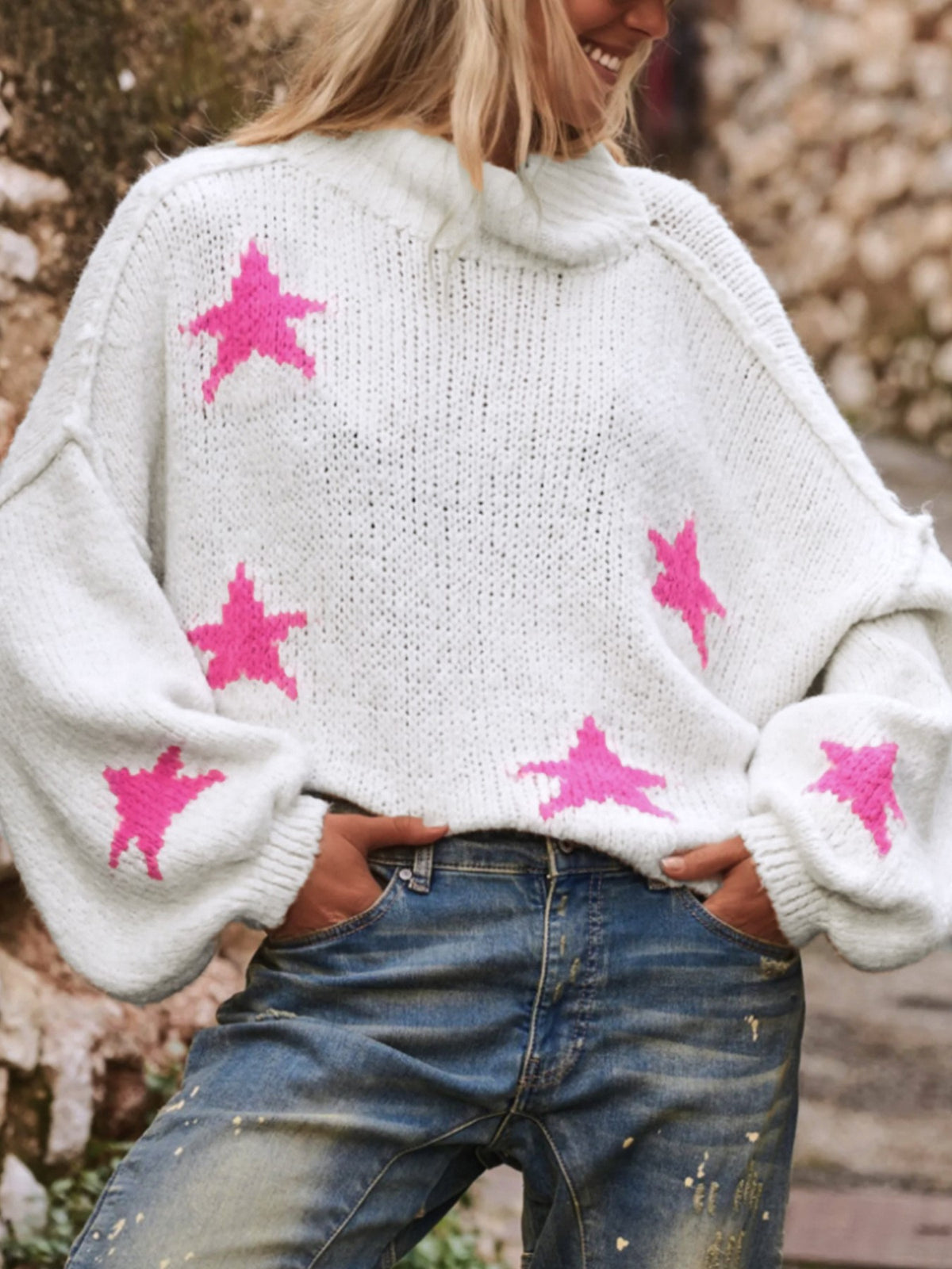 Star Intarsia Drop Shoulder Chunky Knit Sweater - White
