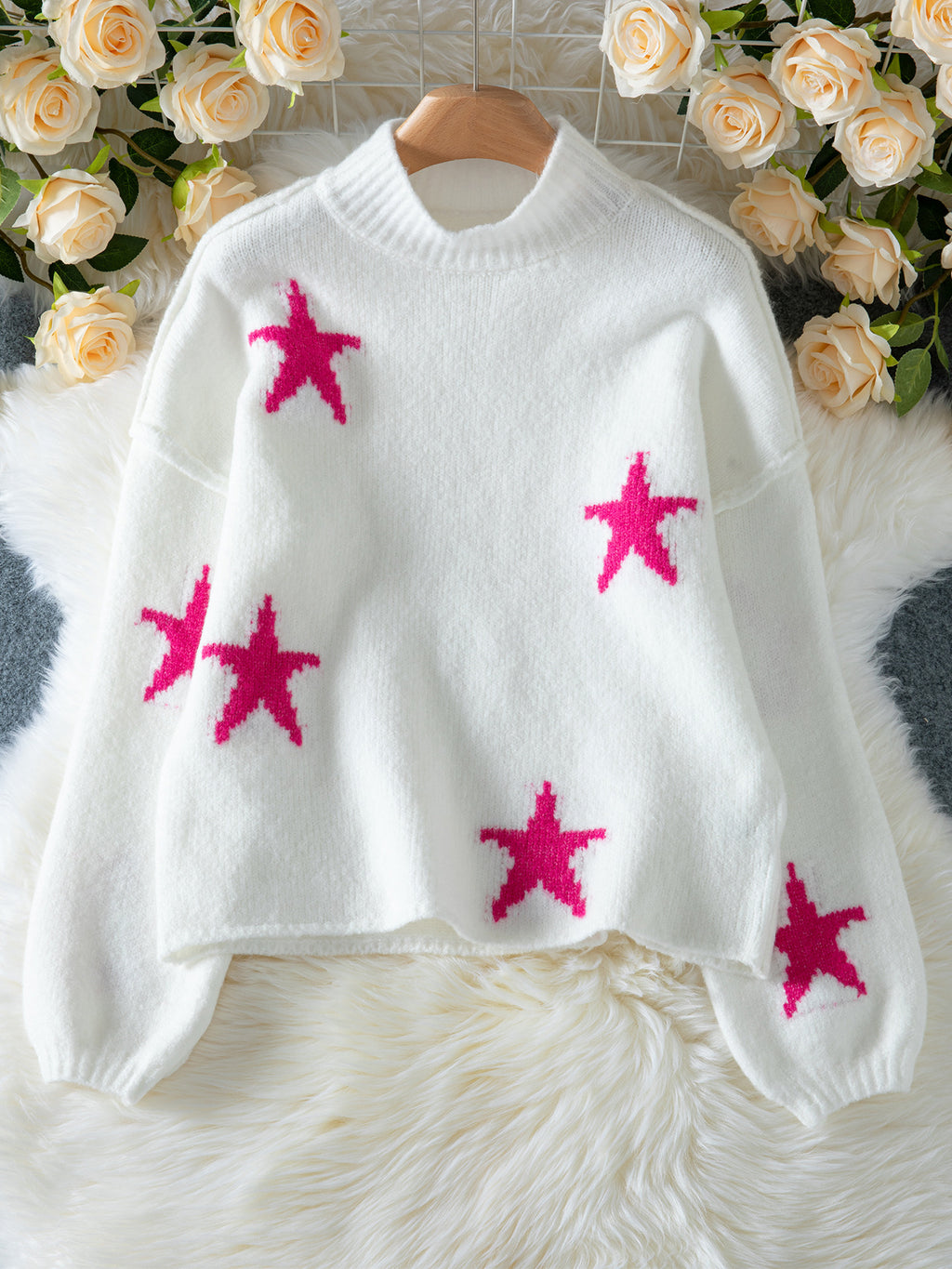 Star Intarsia Drop Shoulder Chunky Knit Sweater - White - 1