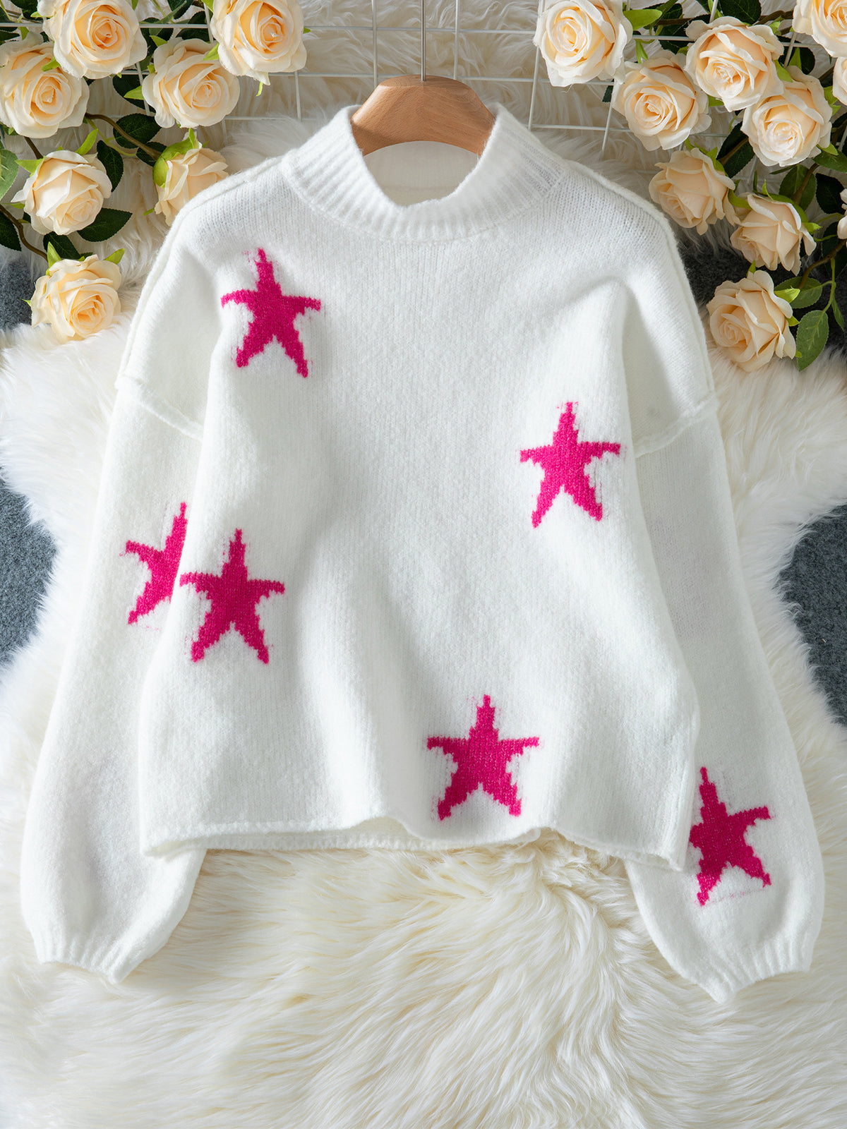 Star Intarsia Drop Shoulder Chunky Knit Sweater - White - 1