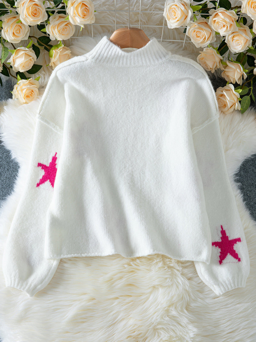 Star Intarsia Drop Shoulder Chunky Knit Sweater - White - 2