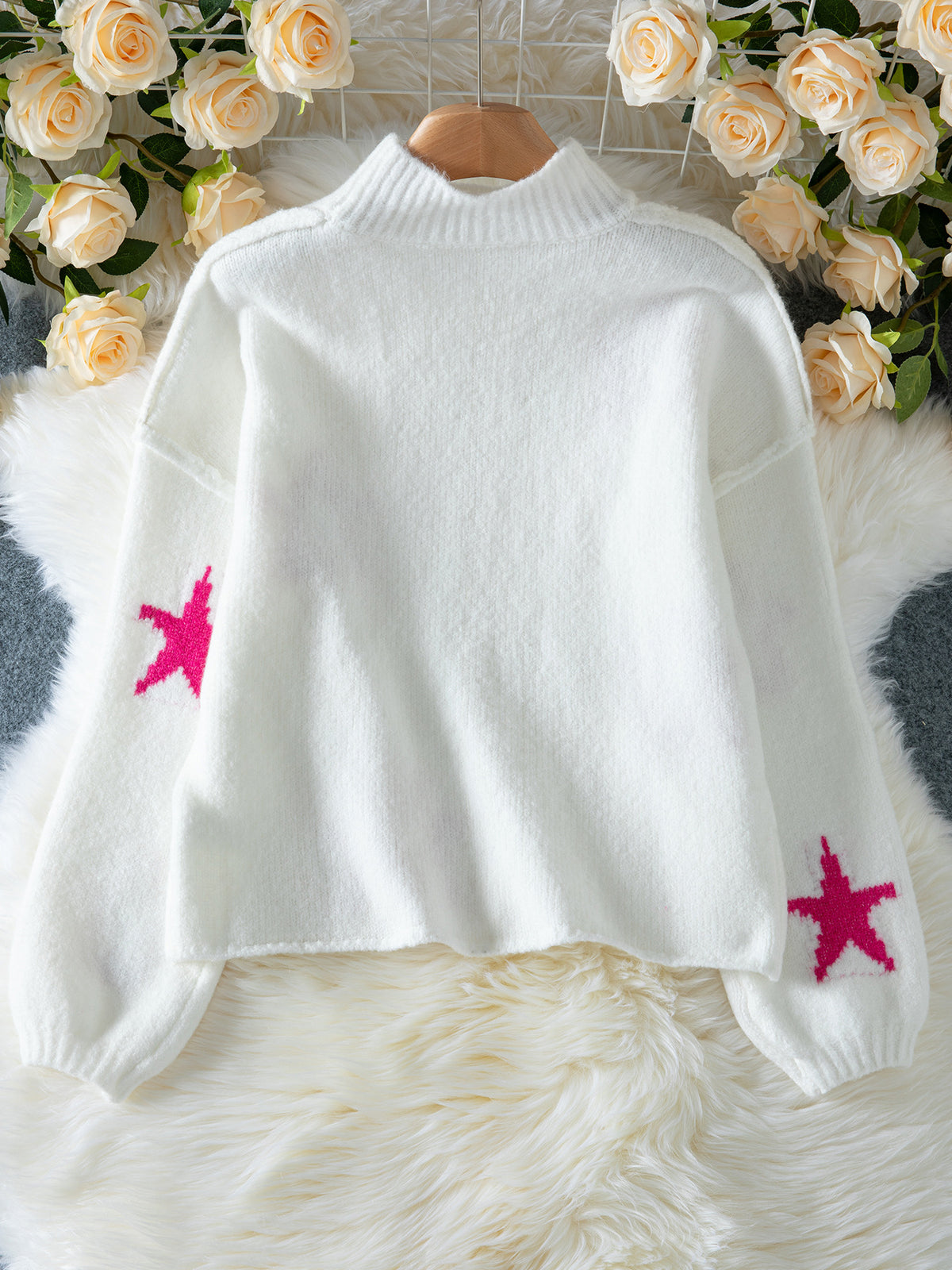 Star Intarsia Drop Shoulder Chunky Knit Sweater - White - 2