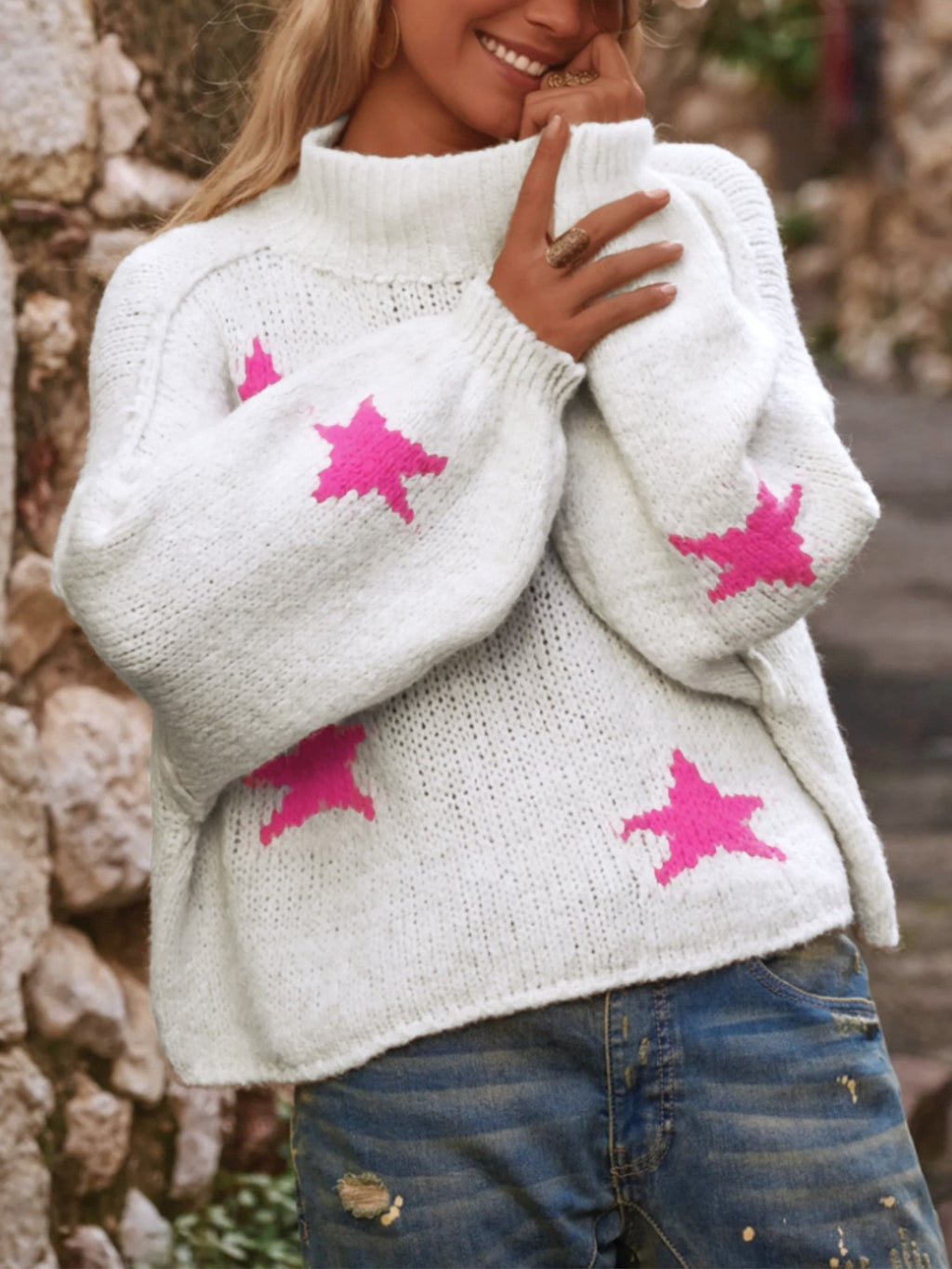 Star Intarsia Drop Shoulder Chunky Knit Sweater - White - 3