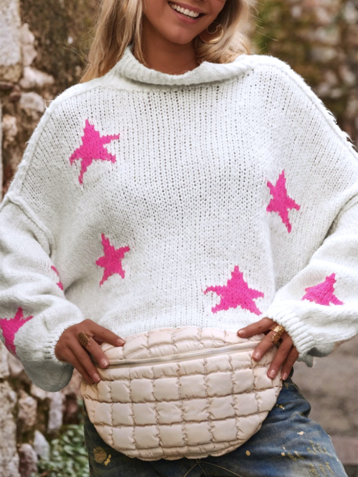 Star Intarsia Drop Shoulder Chunky Knit Sweater - White - 4