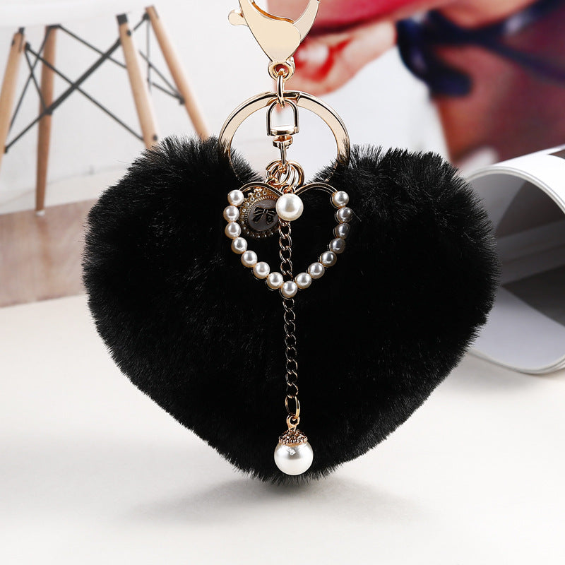 Fluffy Heart Pom Pearl Bag Charm - Black