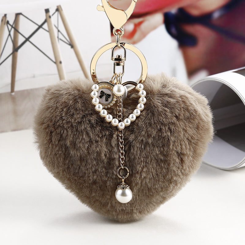 Fluffy Heart Pom Pearl Bag Charm - Coffee