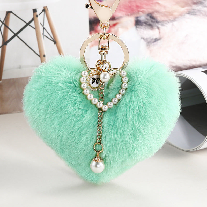 Fluffy Heart Pom Pearl Bag Charm - Green