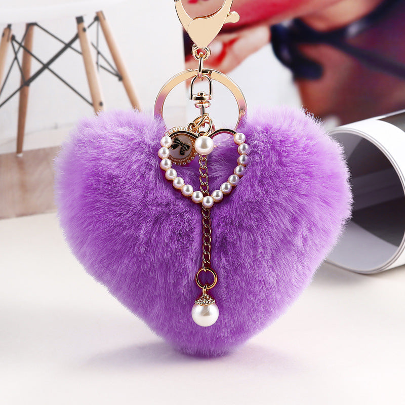 Fluffy Heart Pom Pearl Bag Charm - Purple
