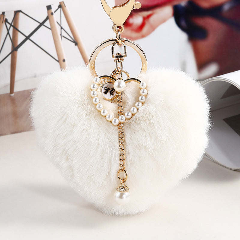 Fluffy Heart Pom Pearl Bag Charm - White