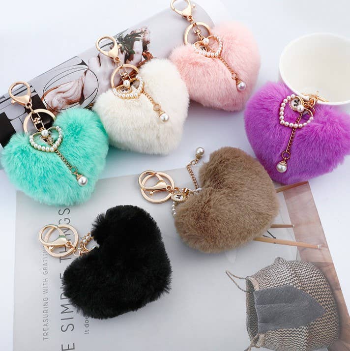 Fluffy Heart Pom Pearl Bag Charm