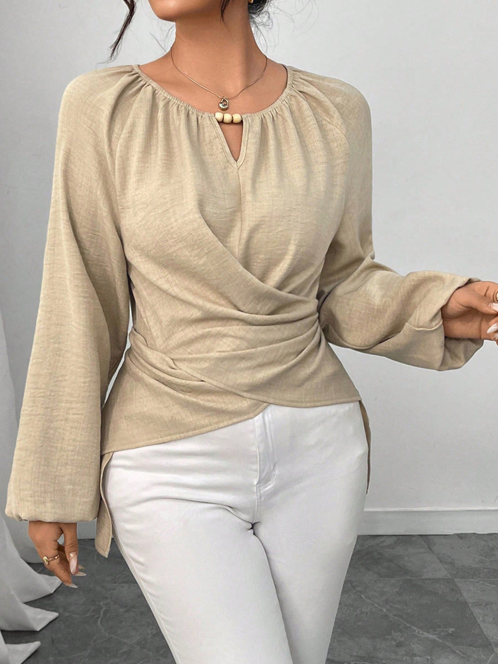 Ruched Wrap Front Balloon Sleeve Blouse - Apricot
