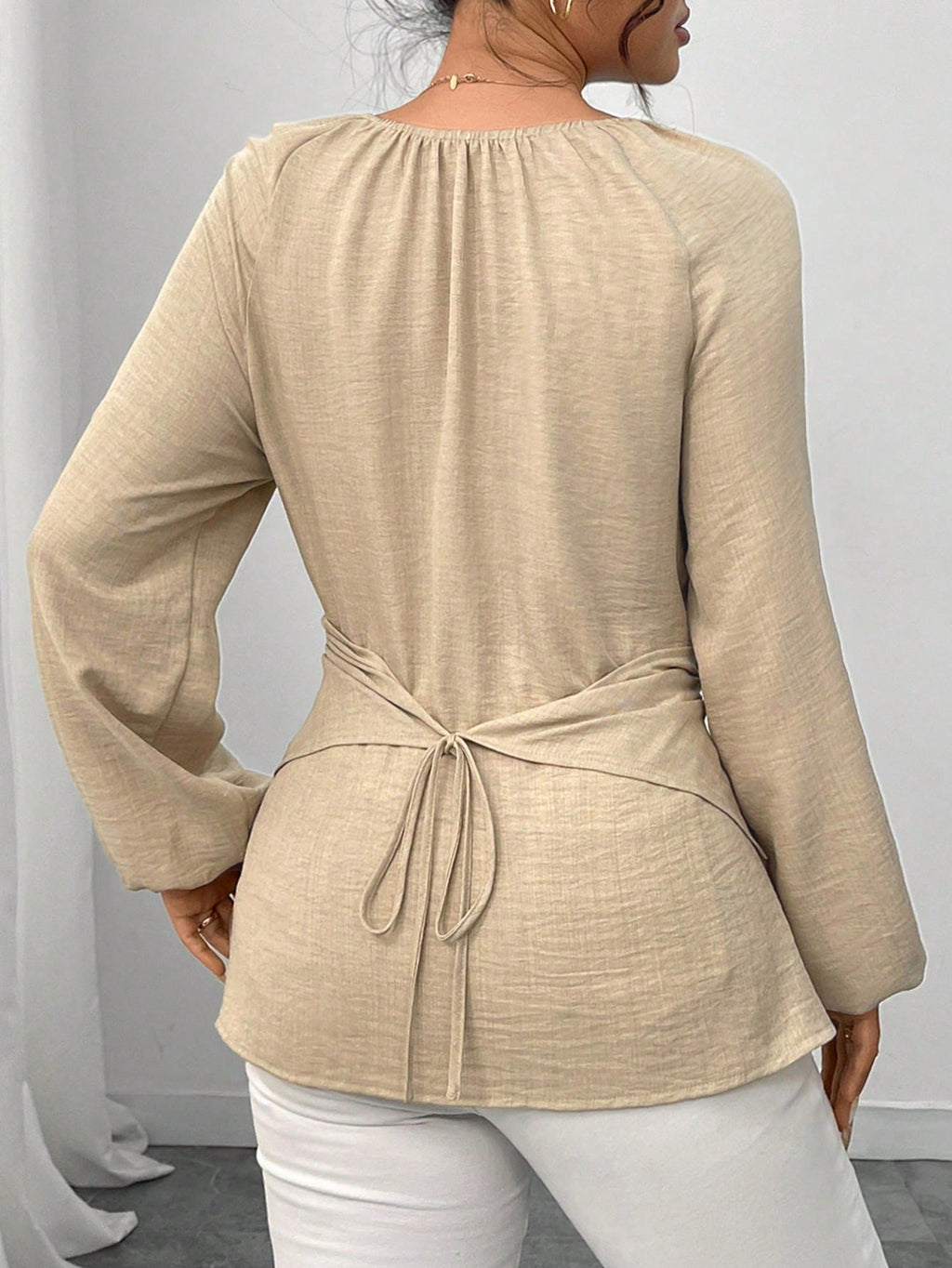 Ruched Wrap Front Balloon Sleeve Blouse - Apricot - 1
