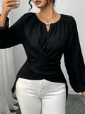 Ruched Wrap Front Balloon Sleeve Blouse - Black