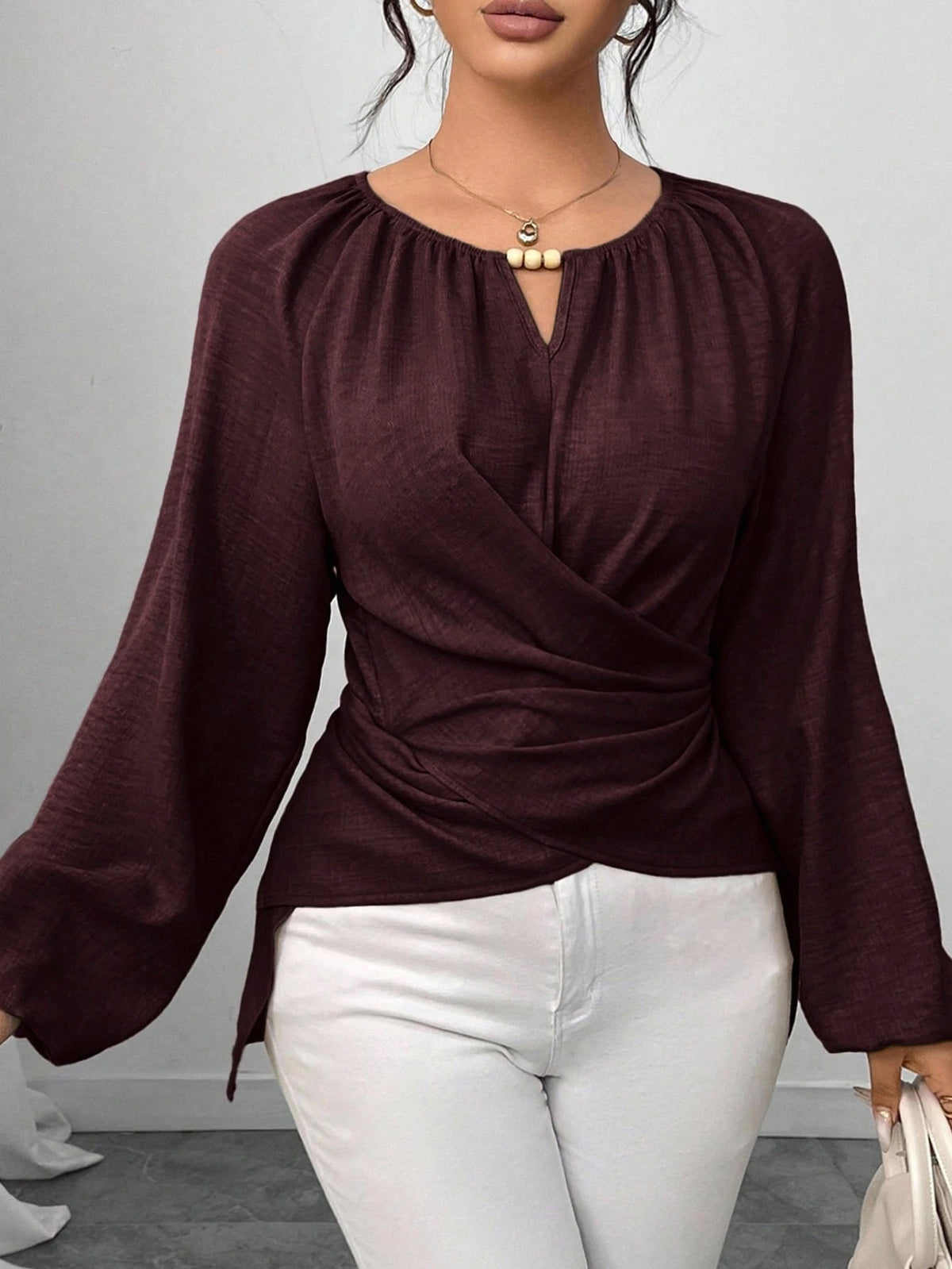 Ruched Wrap Front Balloon Sleeve Blouse - DarkRed