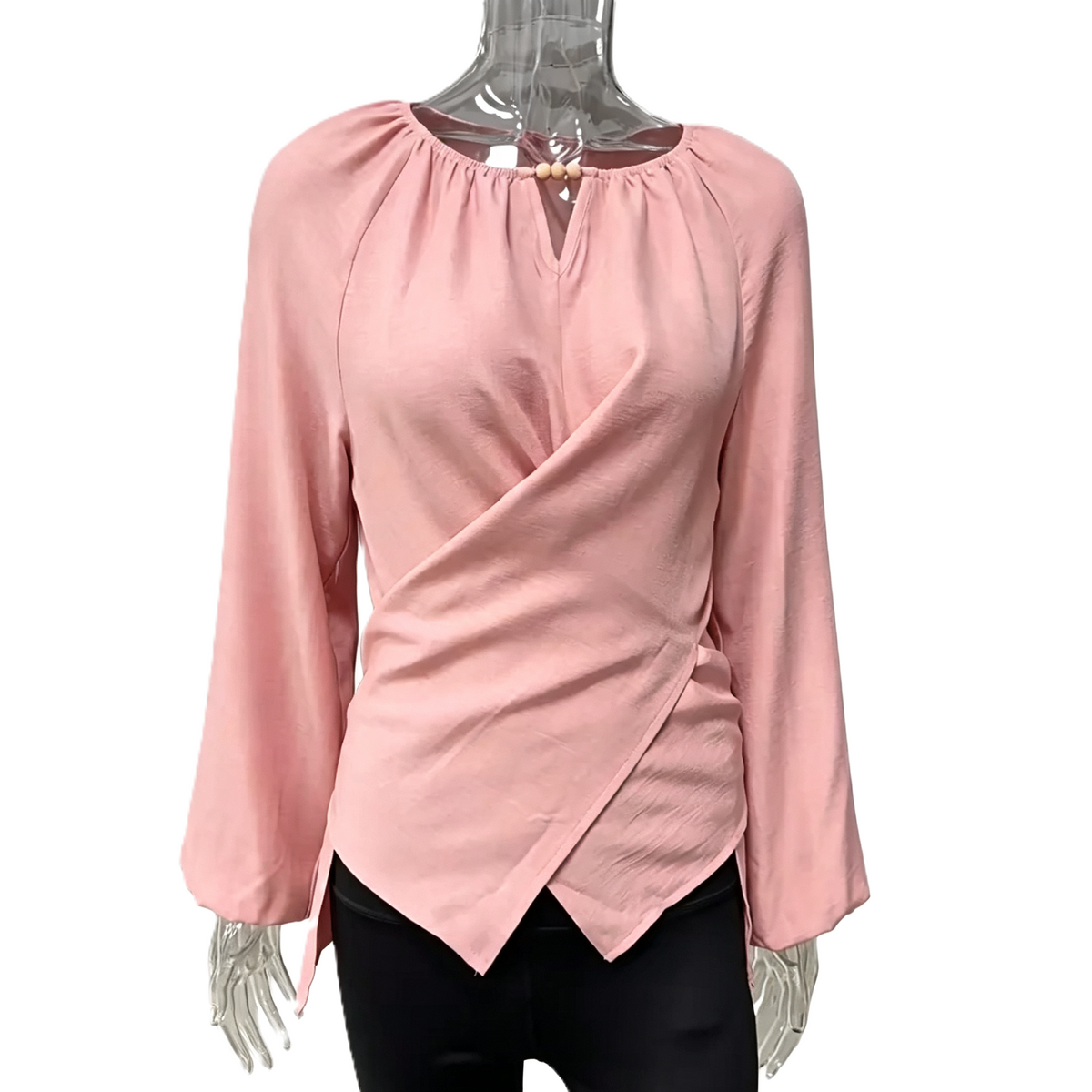 Ruched Wrap Front Balloon Sleeve Blouse - Pink