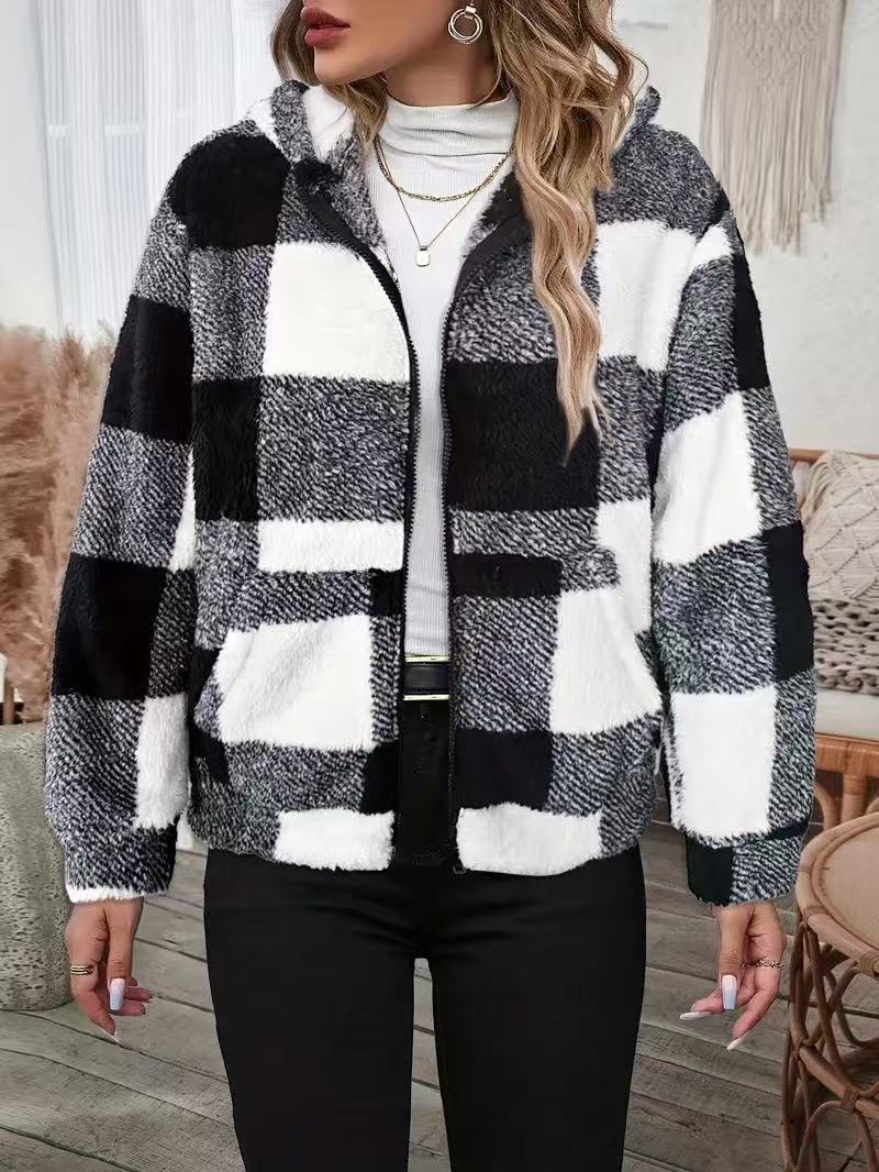 Buffalo Check Sherpa Hooded Zip Jacket - Black
