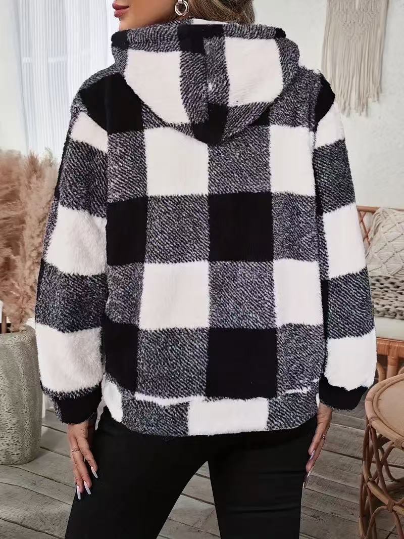 Buffalo Check Sherpa Hooded Zip Jacket - Black - 1
