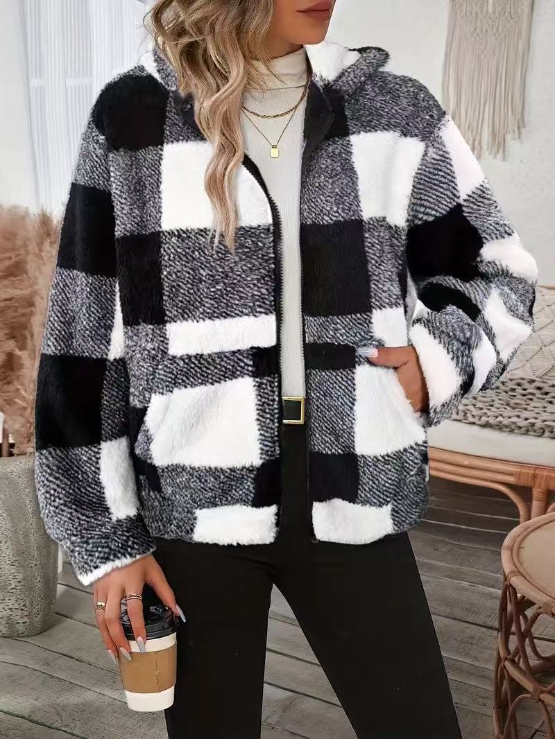 Buffalo Check Sherpa Hooded Zip Jacket - Black - 2