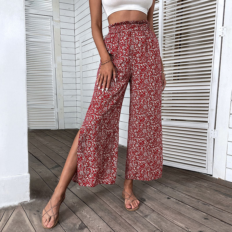 Floral Print Split Side Wide Leg Trousers - Red