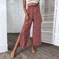 Floral Print Split Side Wide Leg Trousers - Red