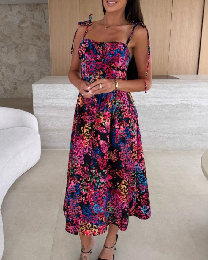 Floral Tie Strap Sweetheart Midi Dress - Black