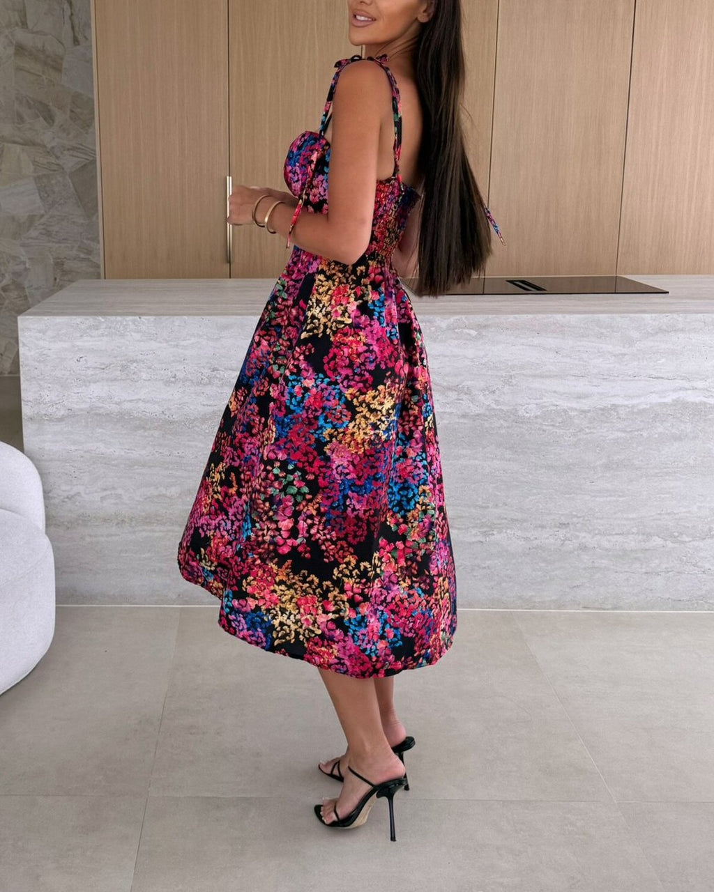 Floral Tie Strap Sweetheart Midi Dress - Black - 1