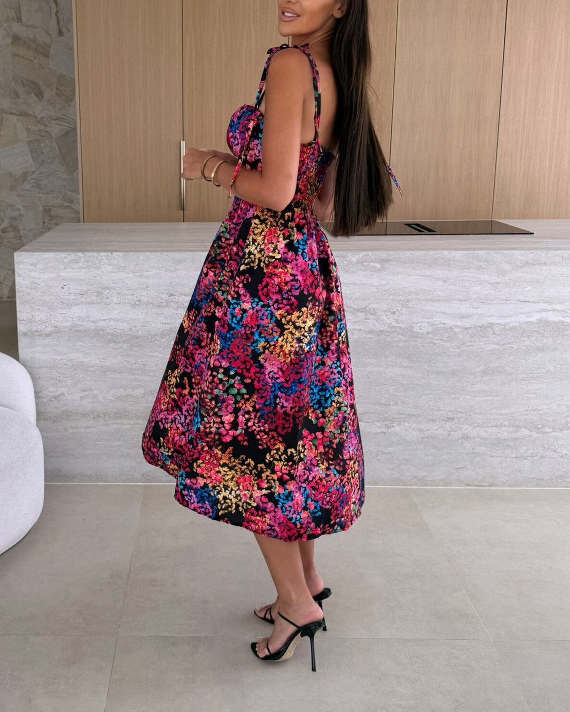 Floral Tie Strap Sweetheart Midi Dress - Black - 1
