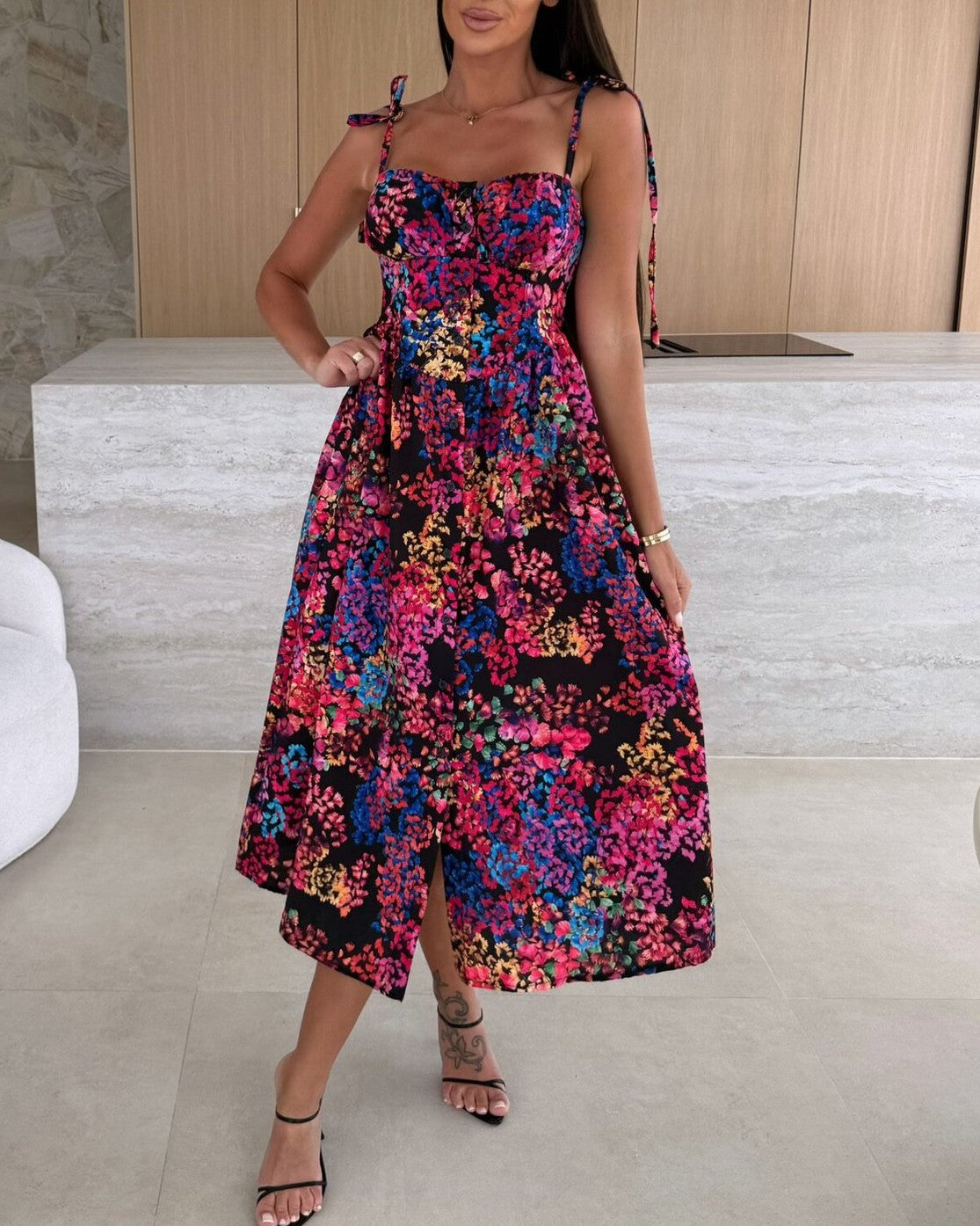 Floral Tie Strap Sweetheart Midi Dress - Black - 2