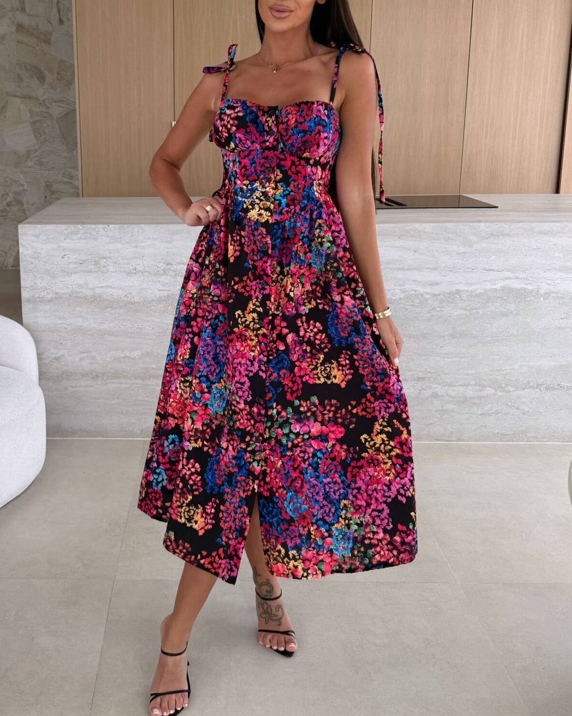 Floral Tie Strap Sweetheart Midi Dress