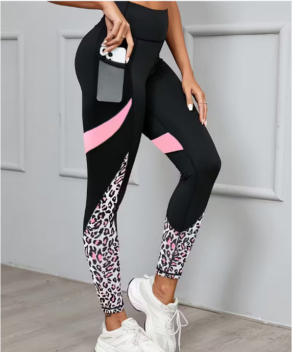 Colorblock Pocket Animal Print Running Leggings - Pink