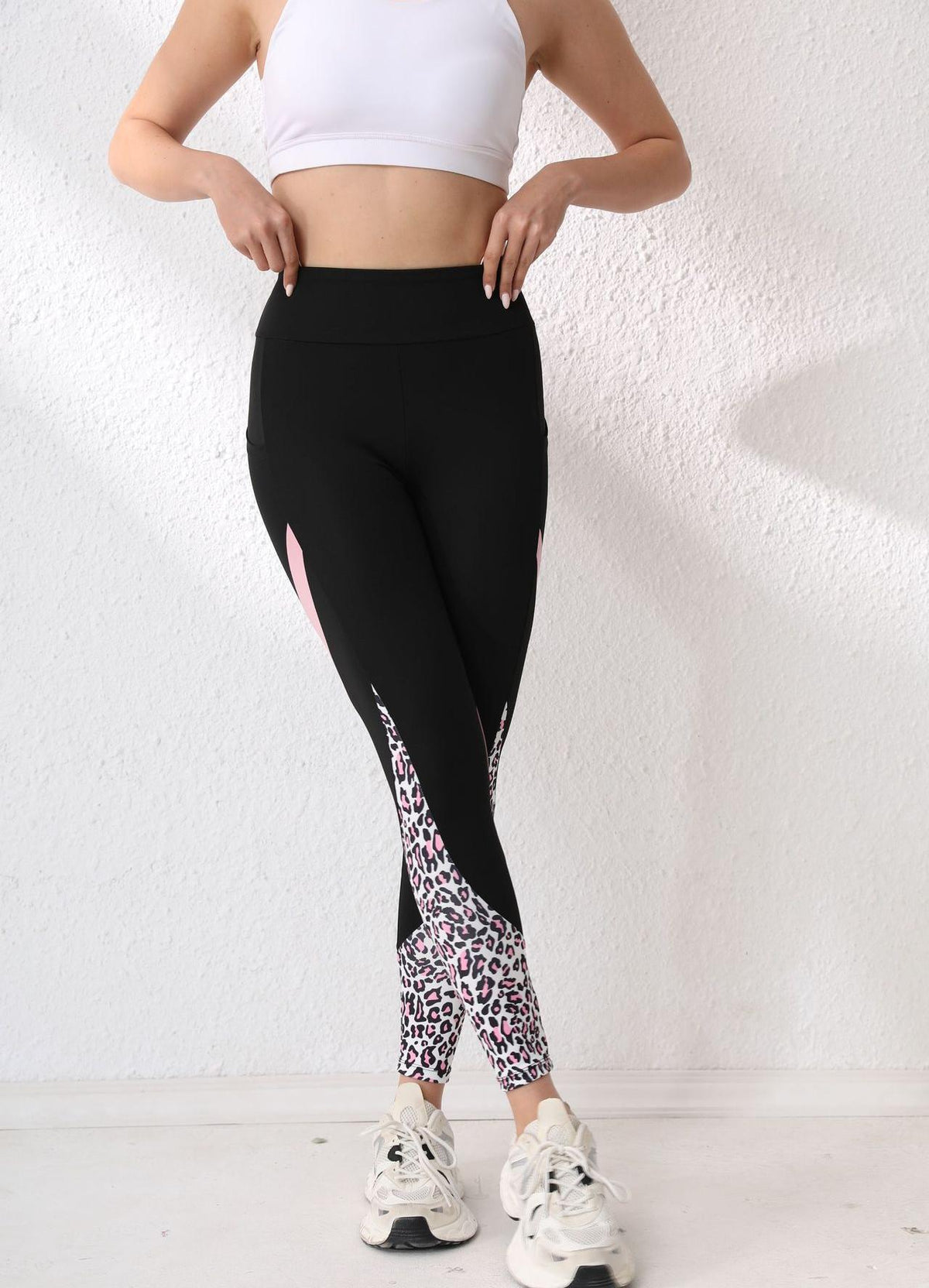 Colorblock Pocket Animal Print Running Leggings - Pink - 2