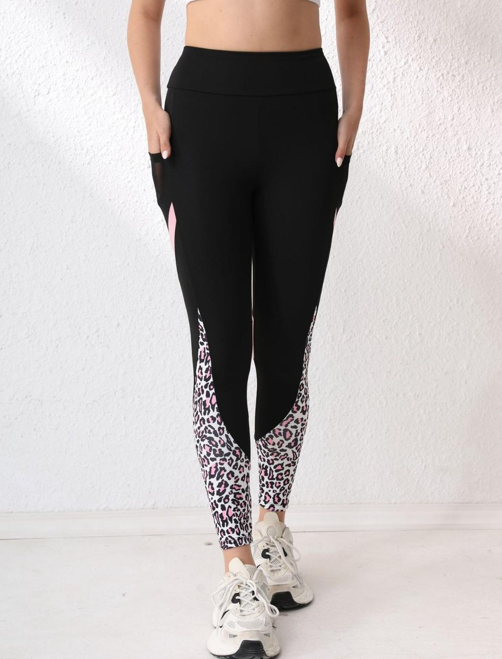 Colorblock Pocket Animal Print Running Leggings - Pink - 5