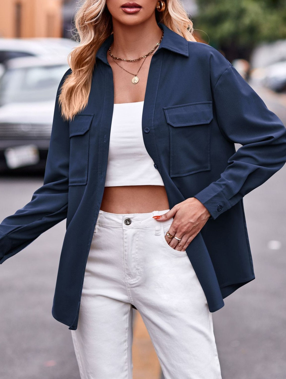 Relaxed Flap Pocket Long Sleeve Shirt - Blue - 1